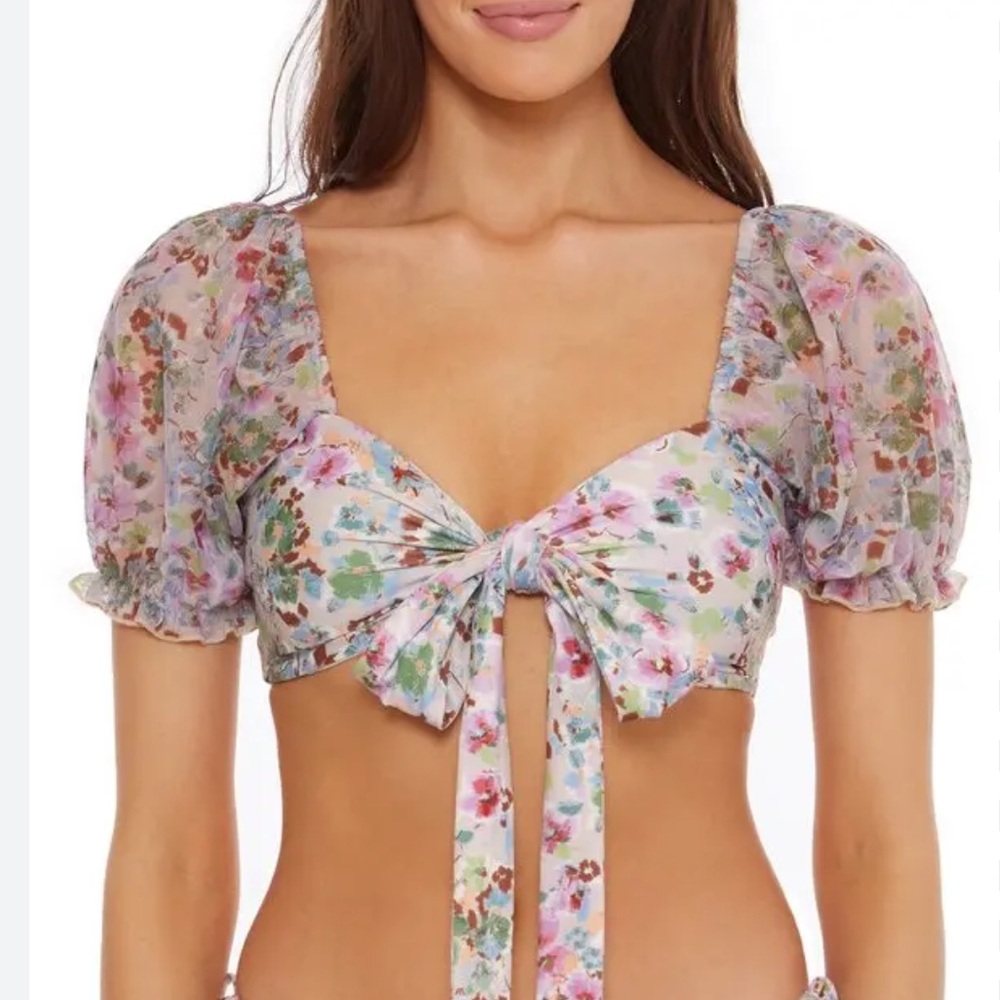 Tie-Front Puff Sleeve Floral Bikini Top - Pink Multi